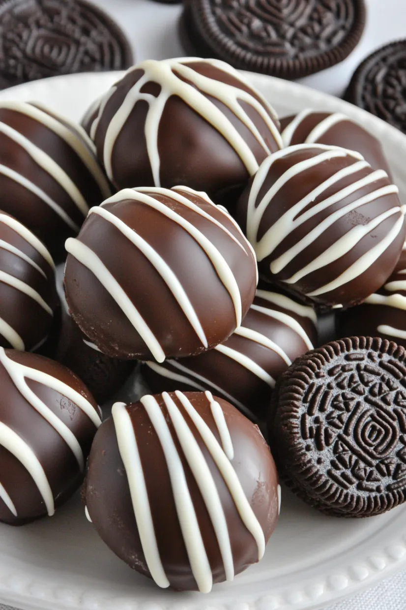 A plate piled with chocolate-dipped cake balls and white chocolate-striped treats.