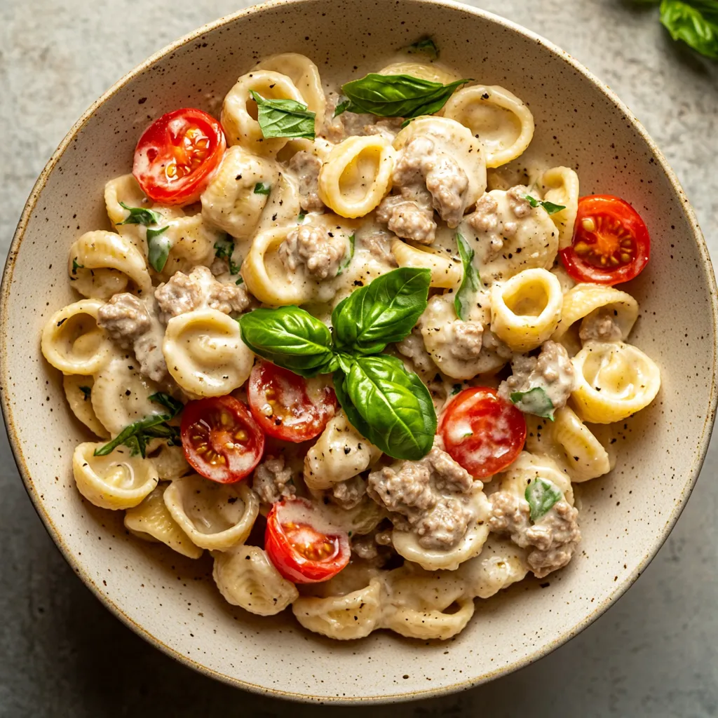 Pasta with spinach and tomatoes in a bowl.