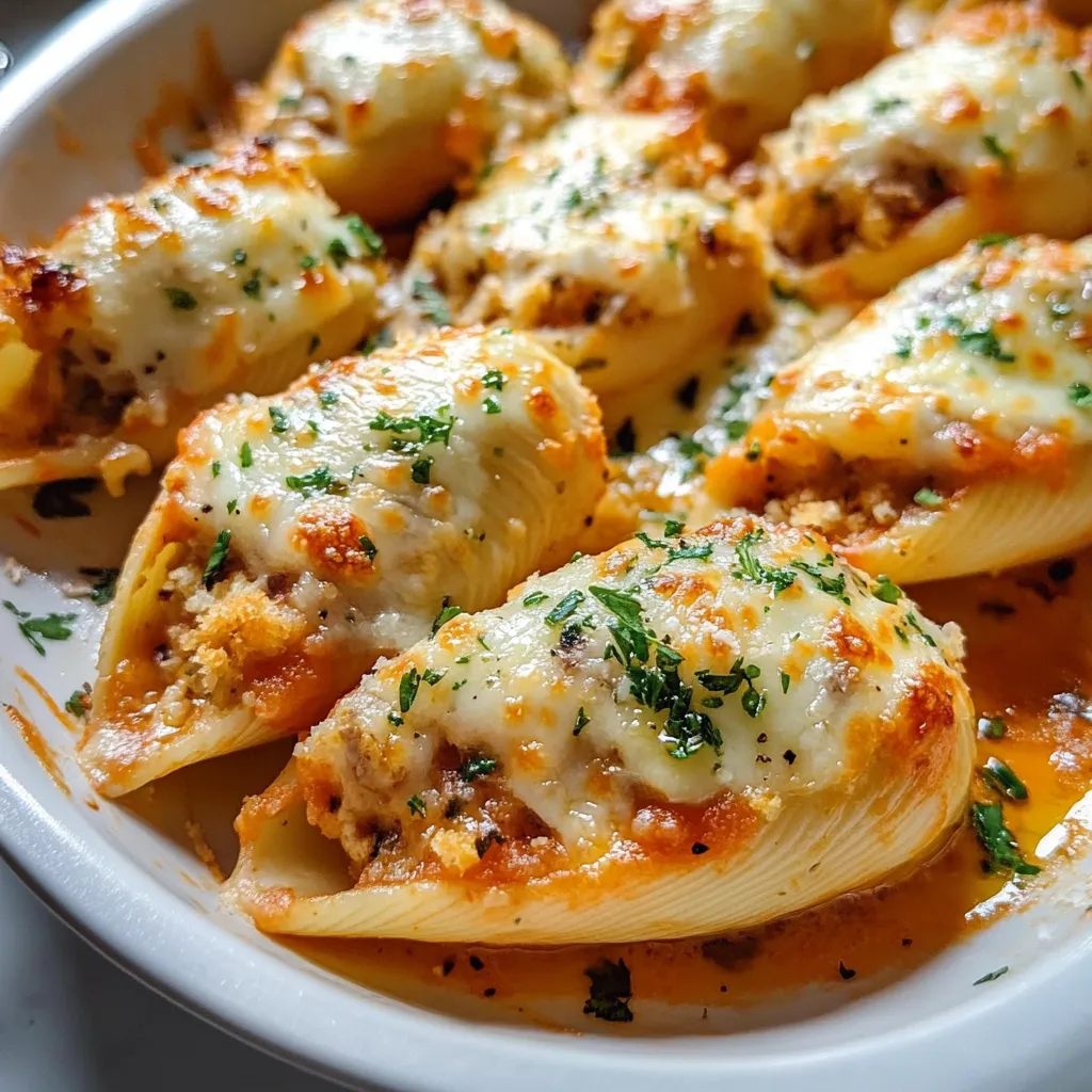 Creamy pasta shells with melted cheese and tomato sauce in a bowl.