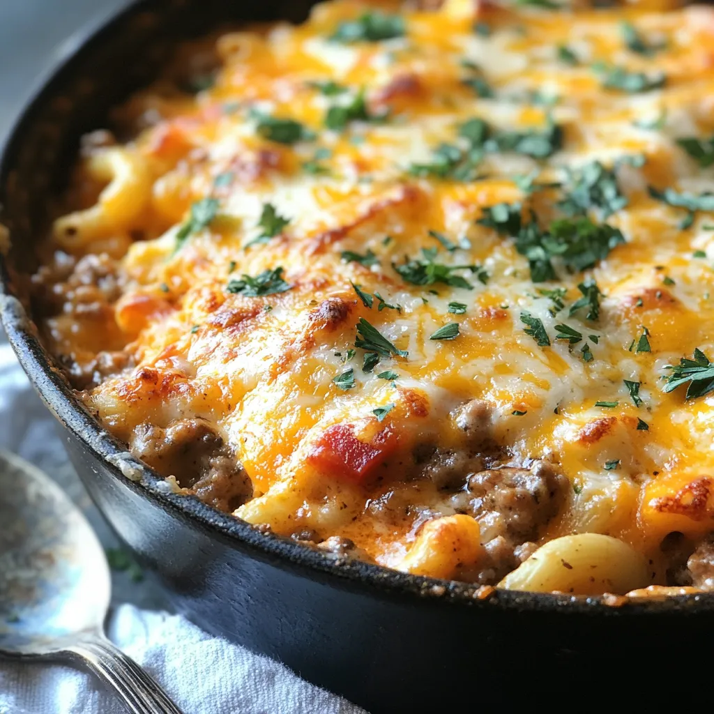 A pan full of chunky cheesy pasta, spoon ready for scooping.