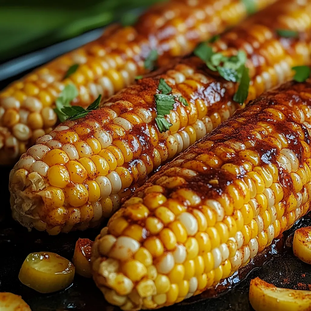 Corn on the cob close up with parsley tucked in.