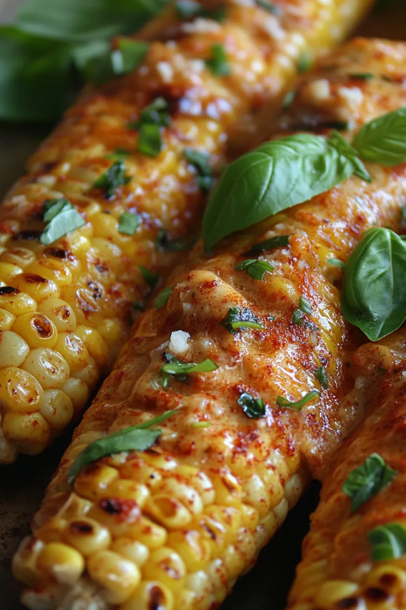 Close up corn on the cob with cheese and fresh herbs.