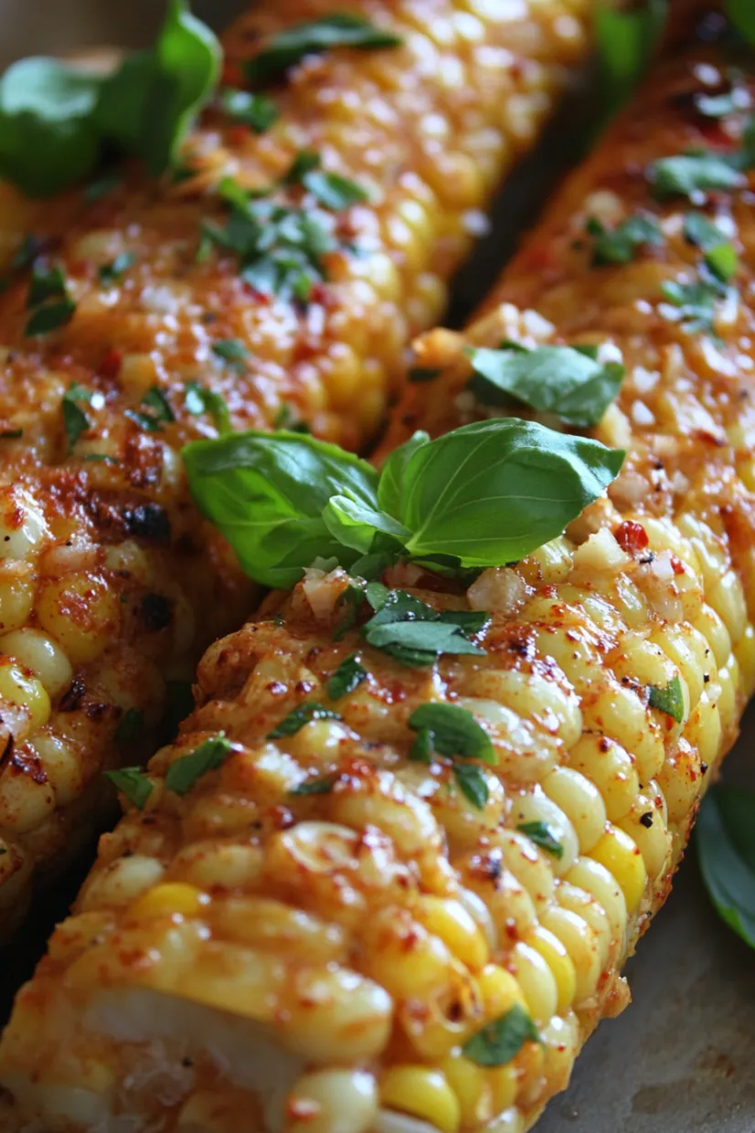 Corn on the cob topped with parsley close up shot.