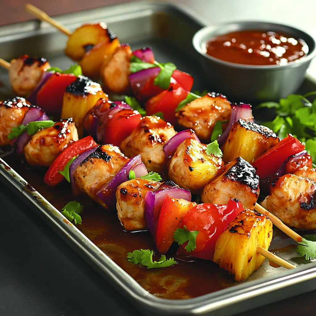 Platter loaded with colorful chicken and pineapple skewers plus a bowl of dipping sauce.