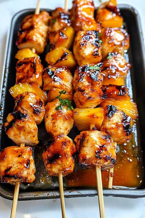 Skewers loaded with saucy chicken and veggies.