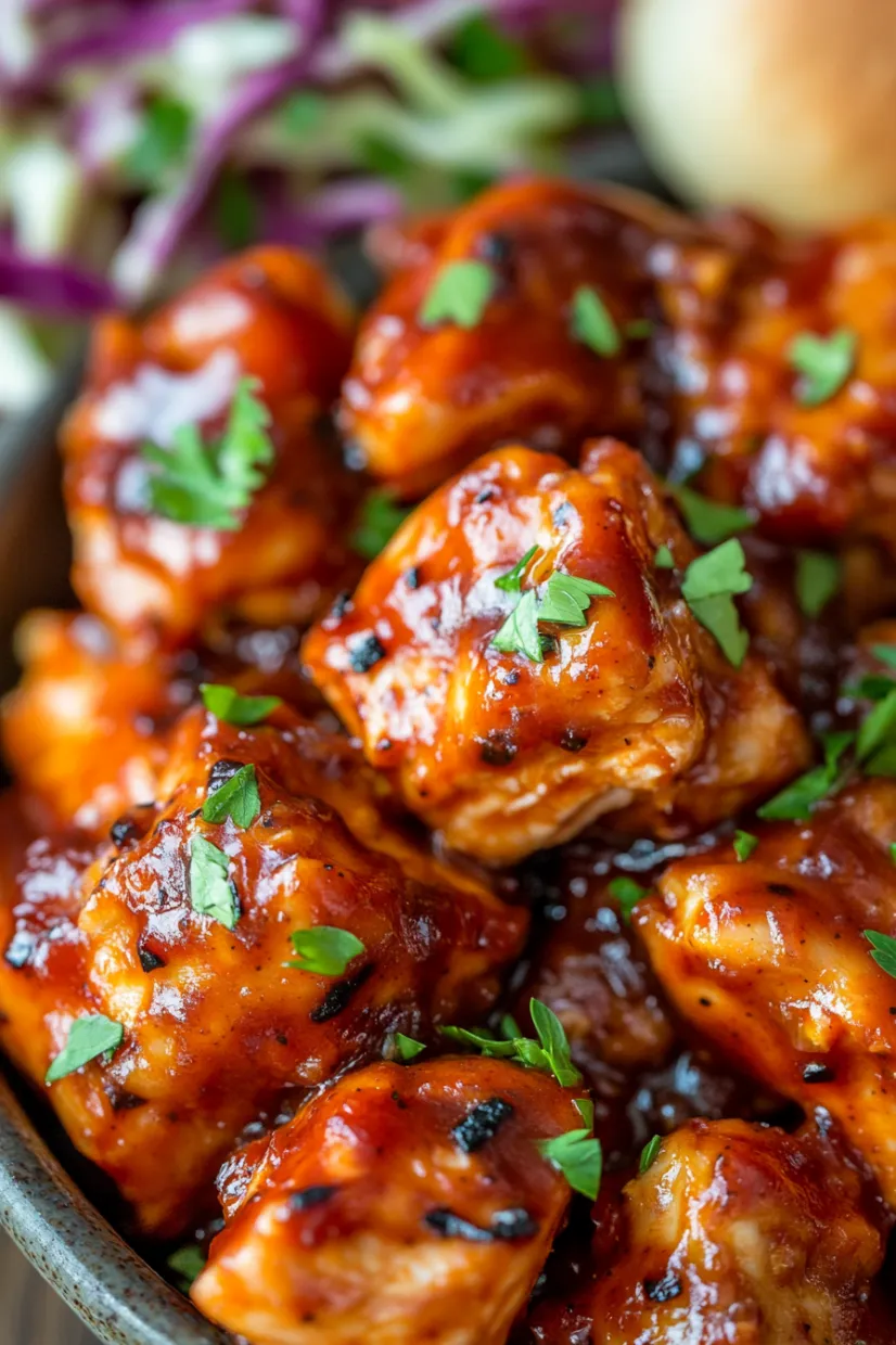 Chicken with sweet sauce on a plate.