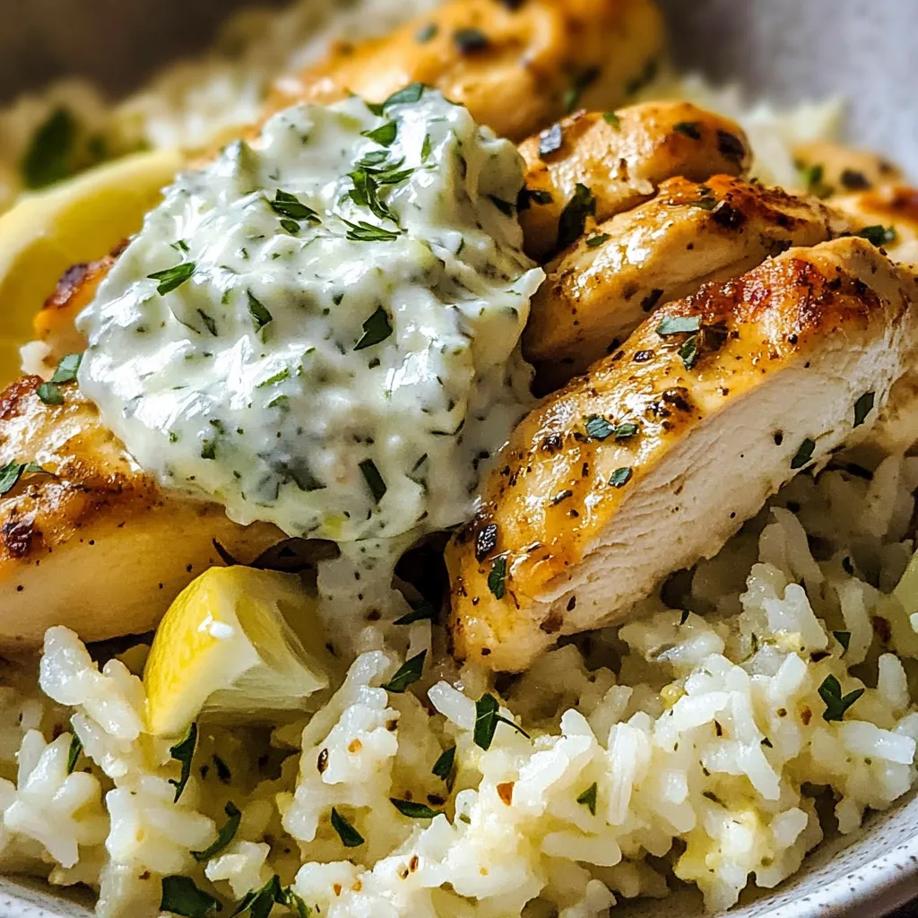 A bowl filled with rice, chicken, and creamy sauce.