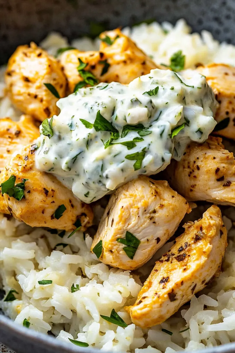 A plate with juicy chicken, rice, and cool sauce.
