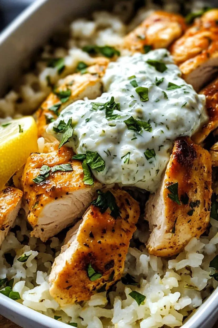 A plate with juicy chicken, rice, and cool sauce.