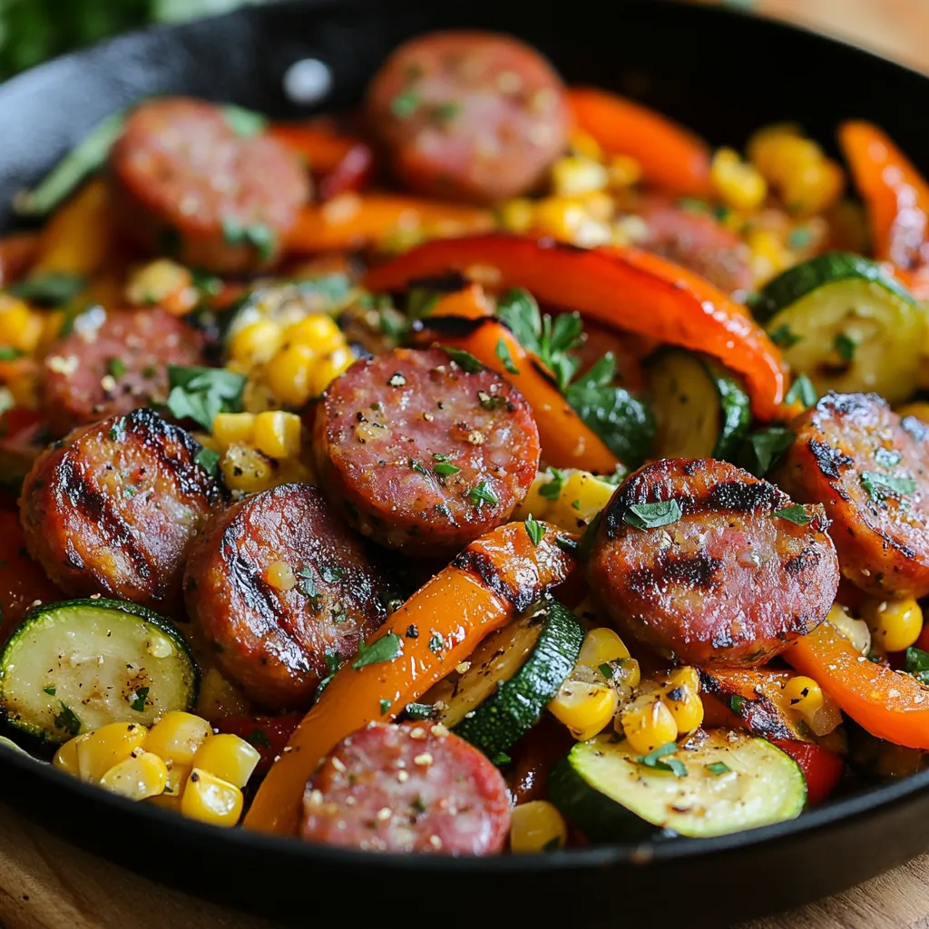 Loads of sausage, corn, and peppers in a skillet.
