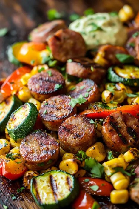 A plate loaded with sausage, zucchini, and corn.