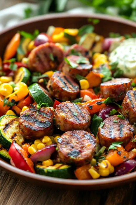 A bowl loaded with sausage, corn, and zucchini.