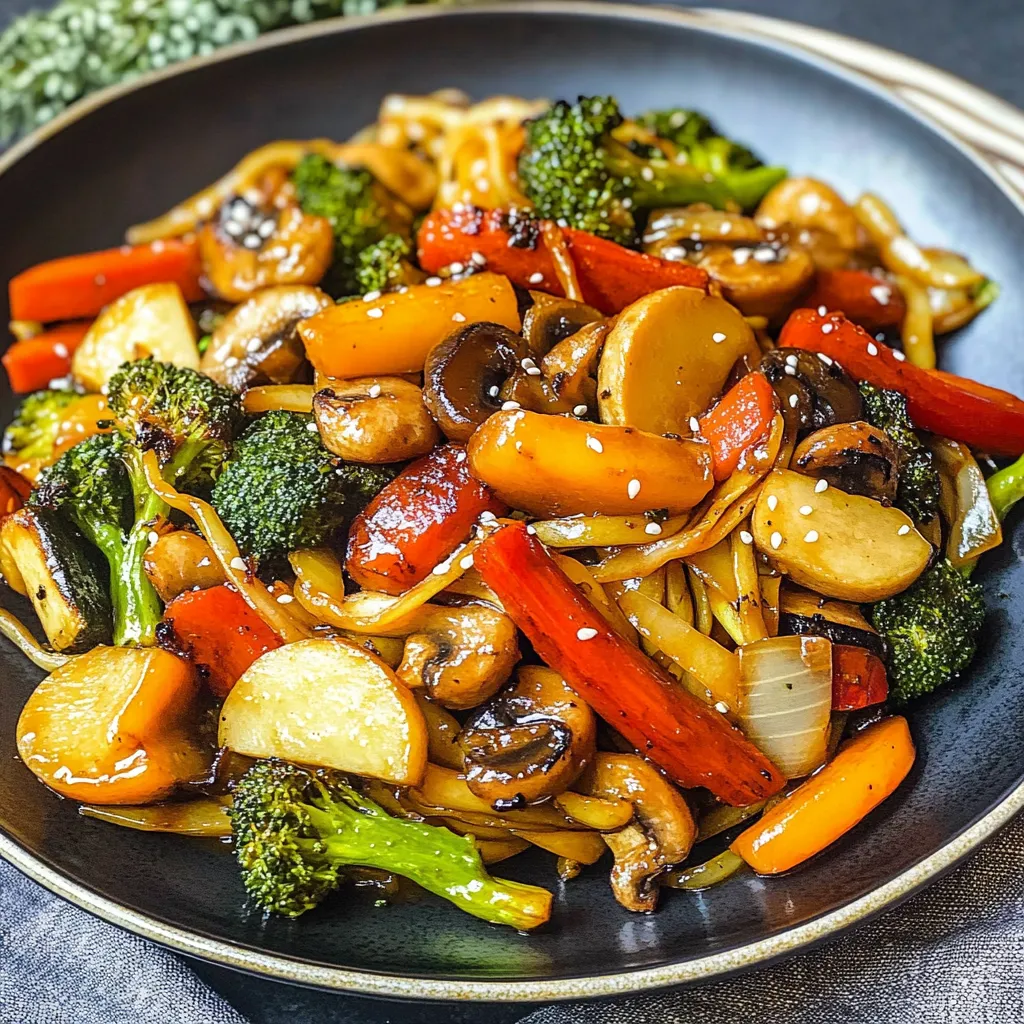 A plate of stir fry with broccoli, carrots, and mushrooms.