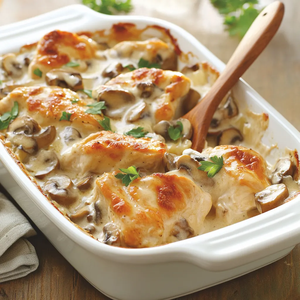 White dish with chicken and mushrooms inside.