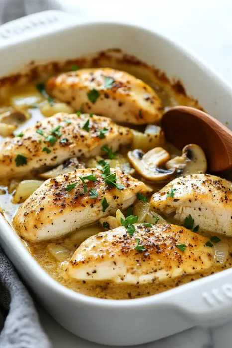 Chicken and mushrooms in a white bowl.