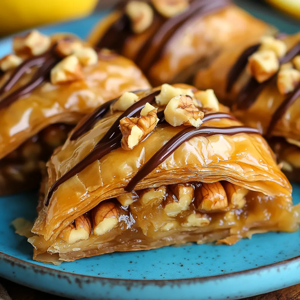 Phyllo squares topped with chocolate on a plate.