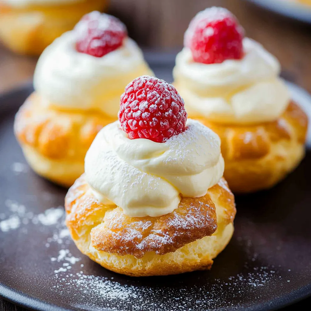 Three pastries with white frosting and red raspberries on top.