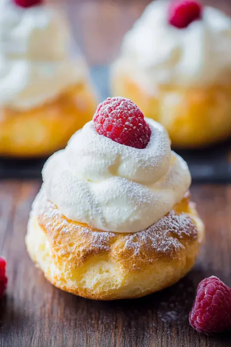 A golden puff pastry topped with white cream and a fresh raspberry.