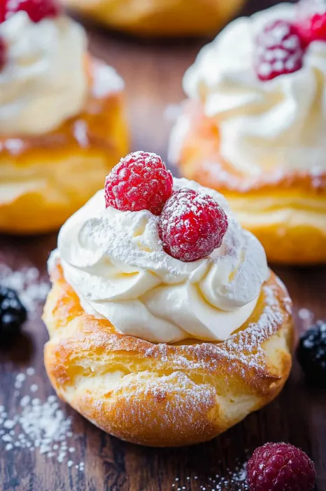 Fluffy pastry finished with white cream and juicy raspberries set on top.