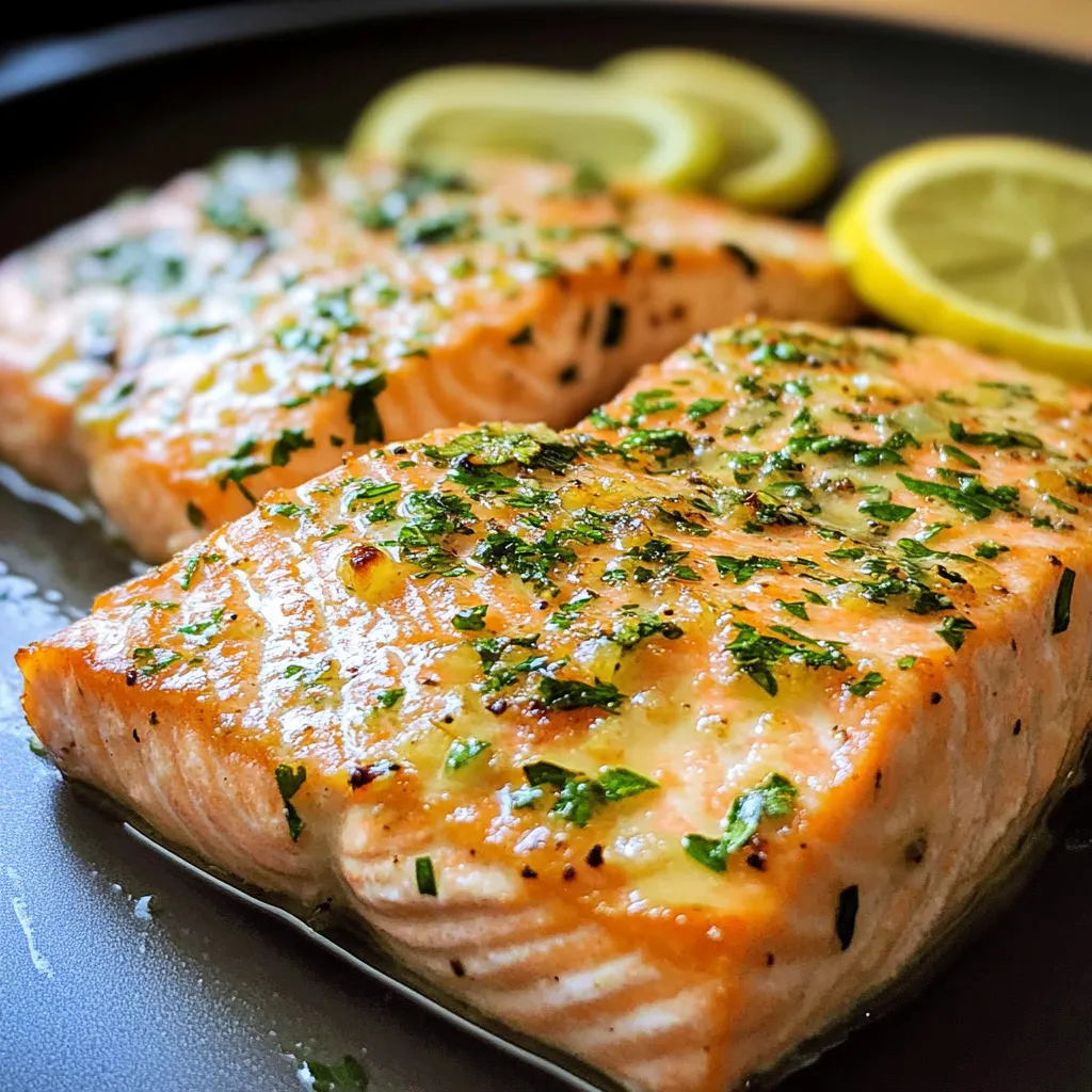 Two pieces of salmon with lemon wedges up top.