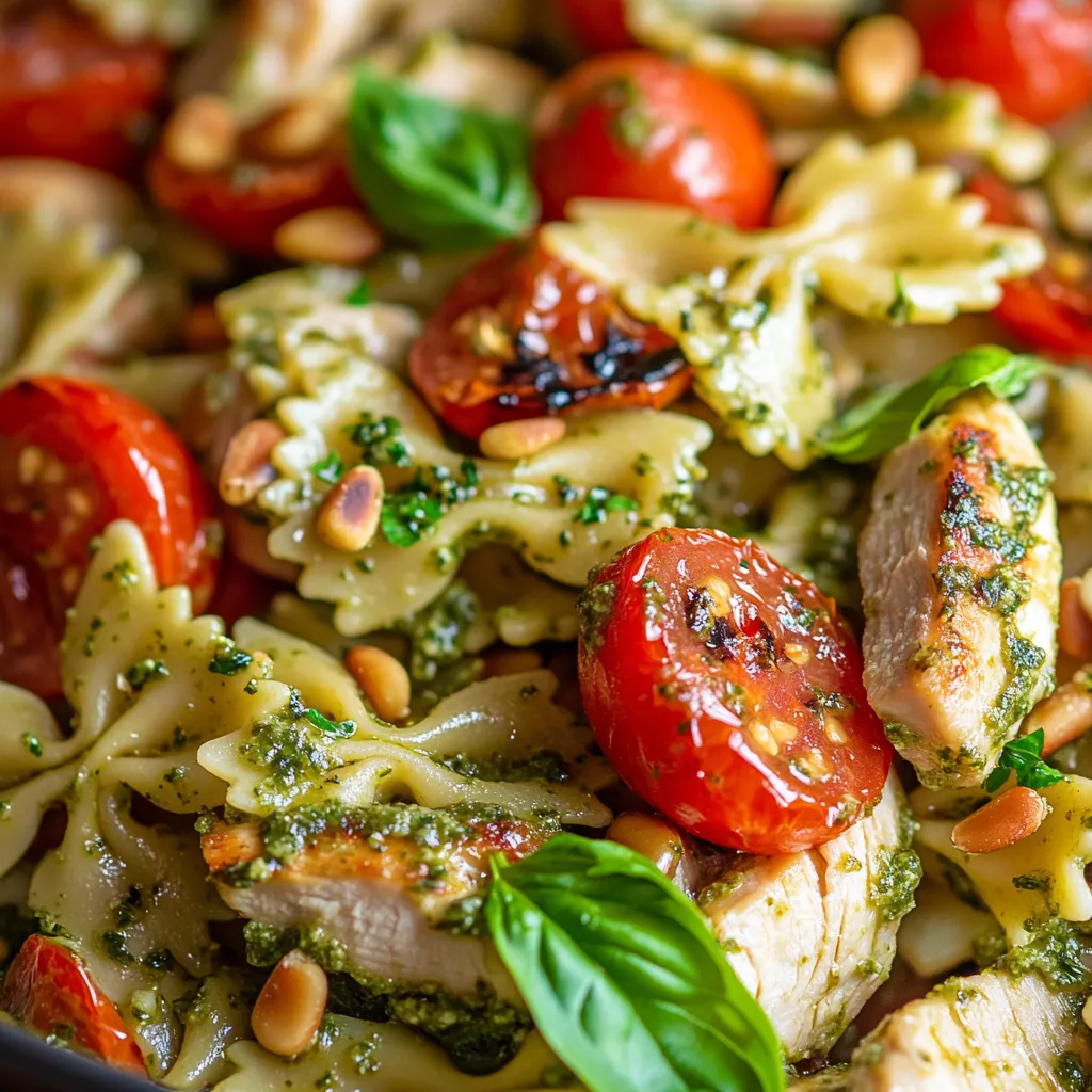 Pasta bowl with chicken and roasted tomatoes.