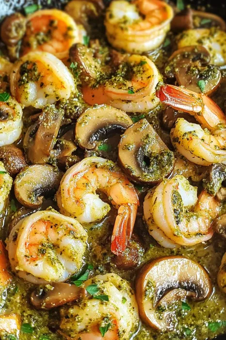 Shrimp and mushrooms up close.