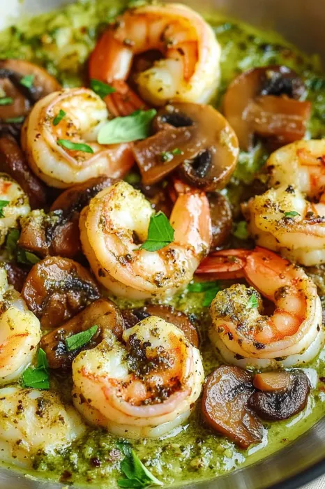 Shrimp and mushrooms served on a plate.