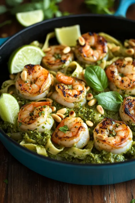 A plate piled high with shrimp and herby green sauce.
