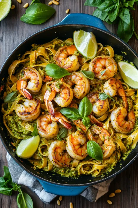 Shrimp and noodles in a cozy bowl.