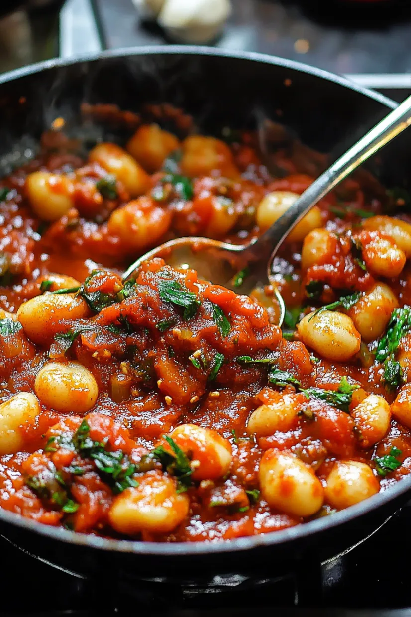 A spoon scooping from a bowl full of saucy gnocchi.
