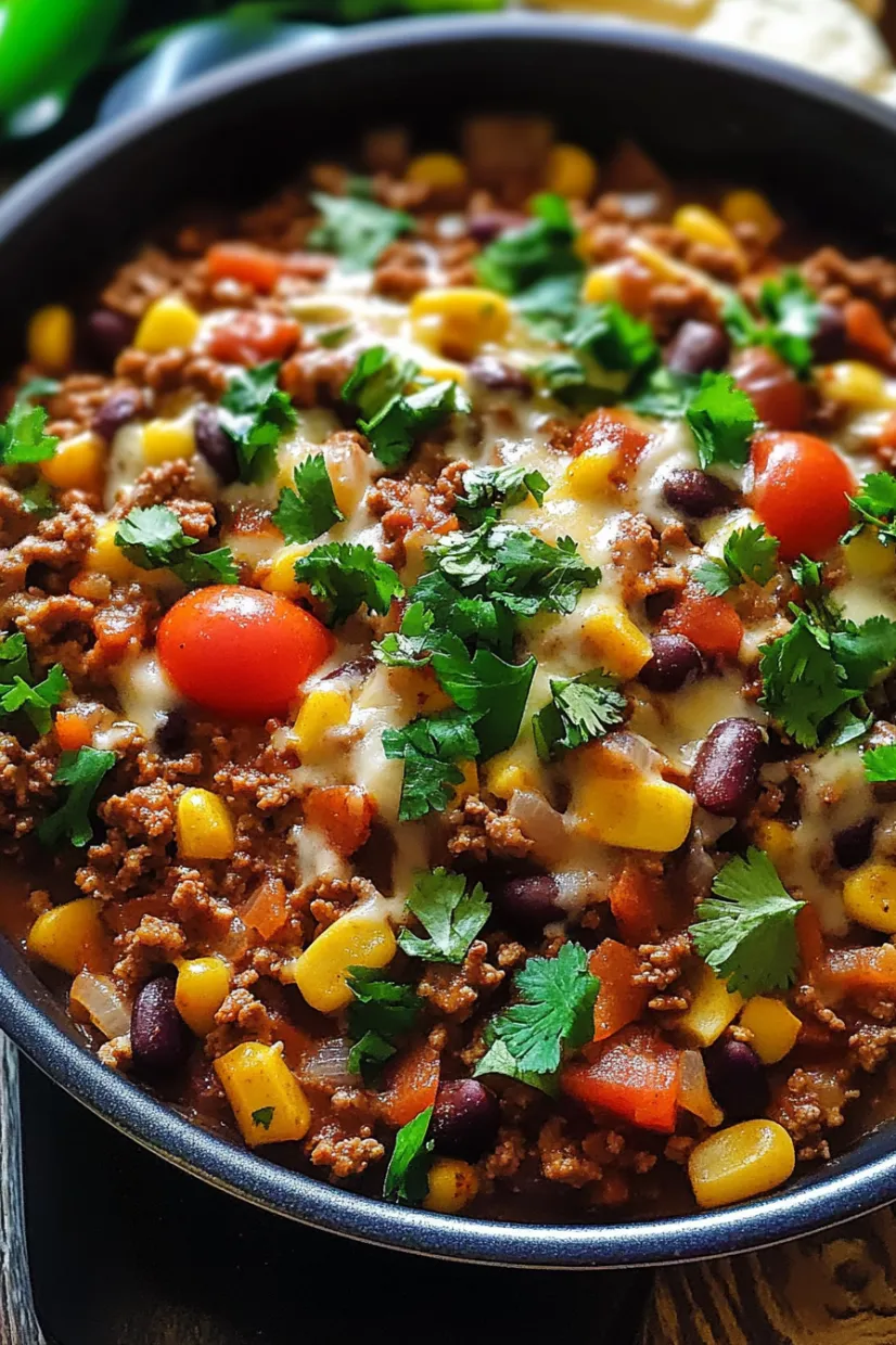 A bowl filled with chili bursting with tomatoes, beans, corn, and cheese.