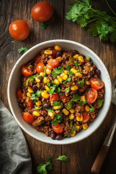 A bowl loaded with tomatoes, corn, and beans.