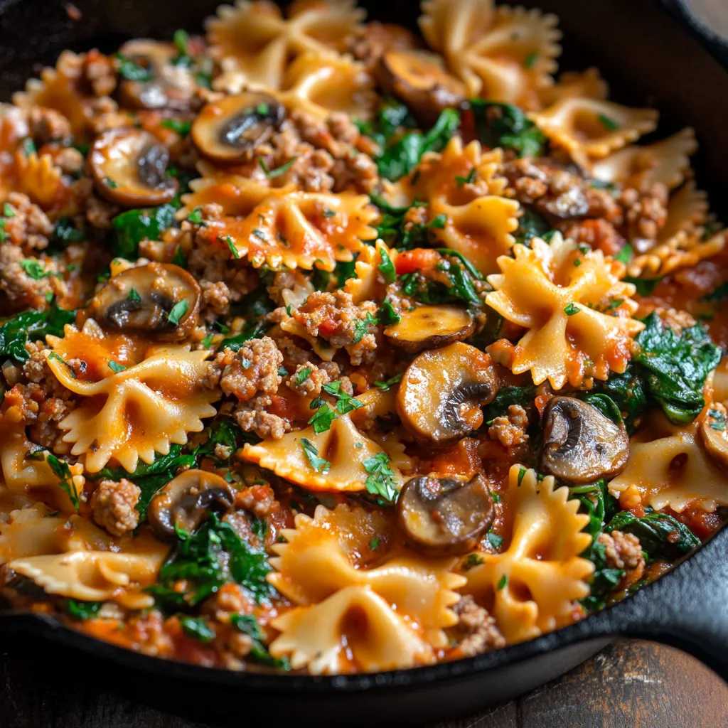 Pasta in a pan with sausage and mushrooms.