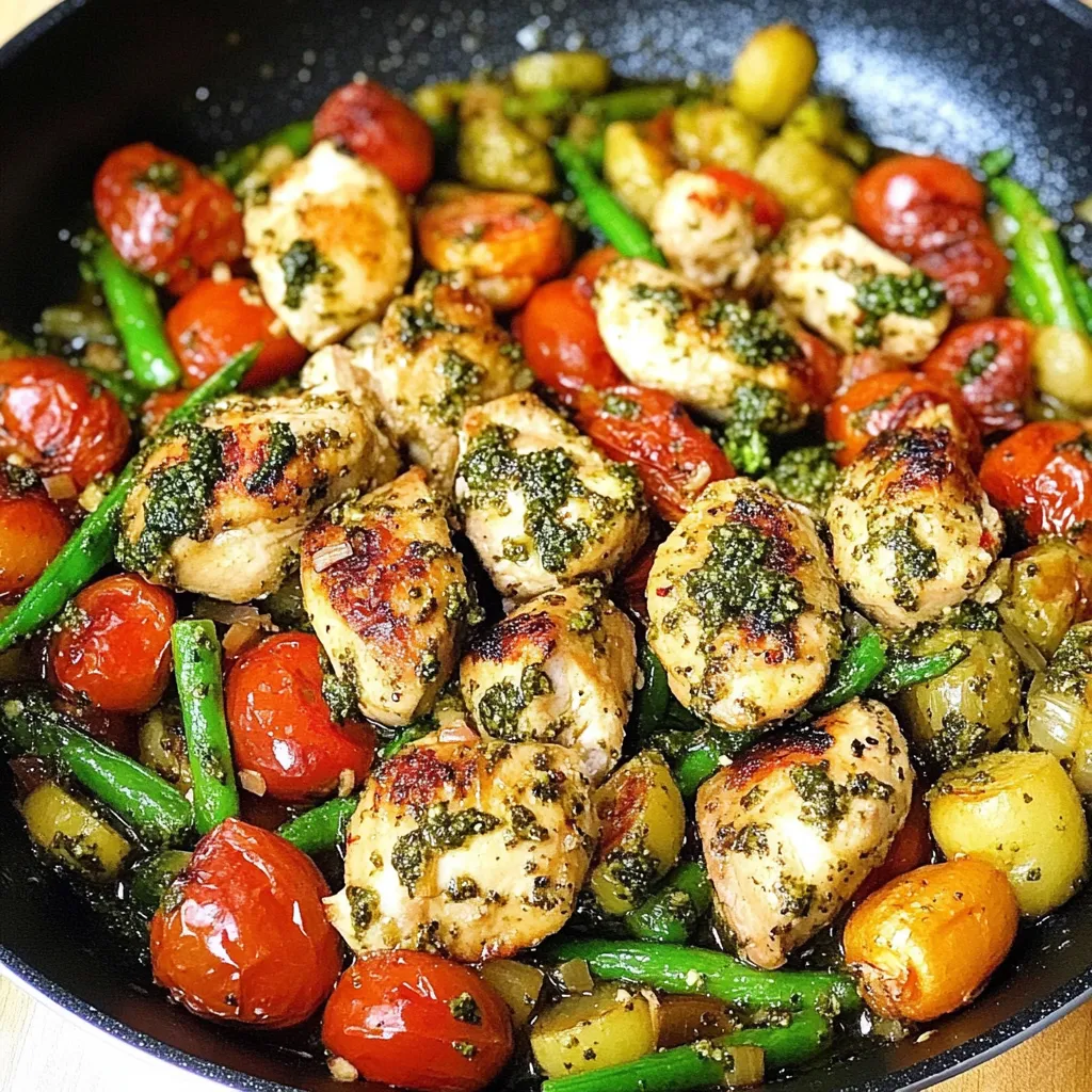Chicken, green beans, and tomatoes in a black bowl.