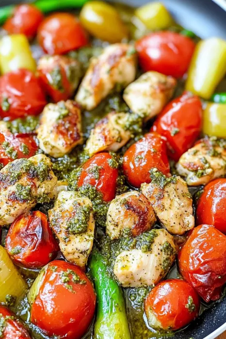 A plate piled with chicken, tomatoes, and herbs.
