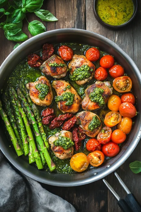 A pan filled with chicken, asparagus, and tomatoes.