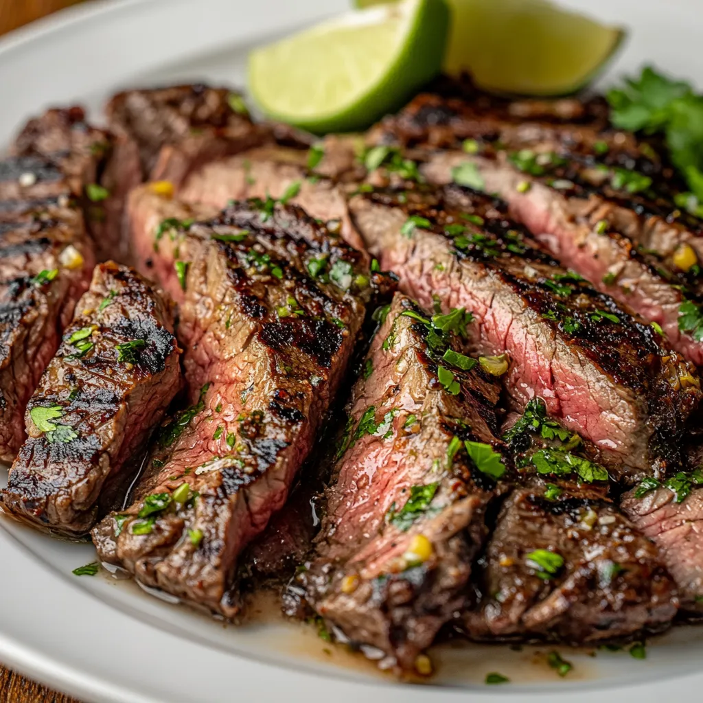 Sliced steak on a plate with lime wedges and a few sprigs of parsley.