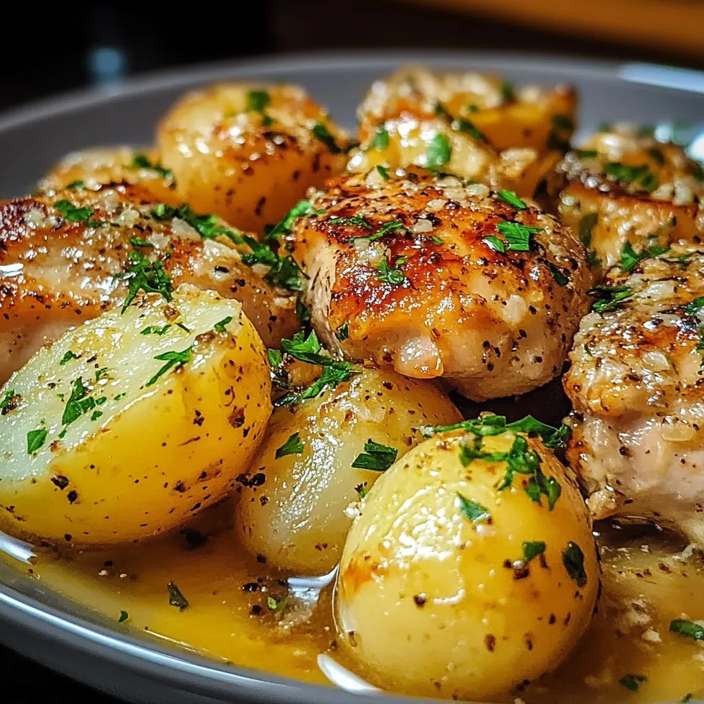 Plate loaded with chicken and potatoes, finished off with herbs.
