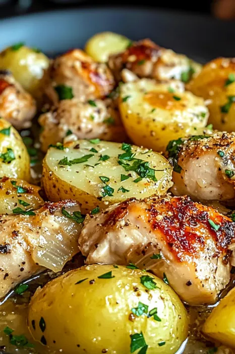 A plate loaded with potatoes and chicken.