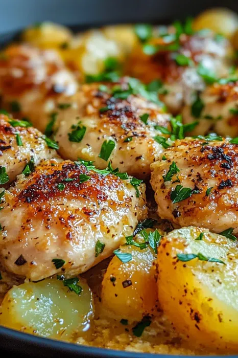 Chicken with herbs and baby potatoes.