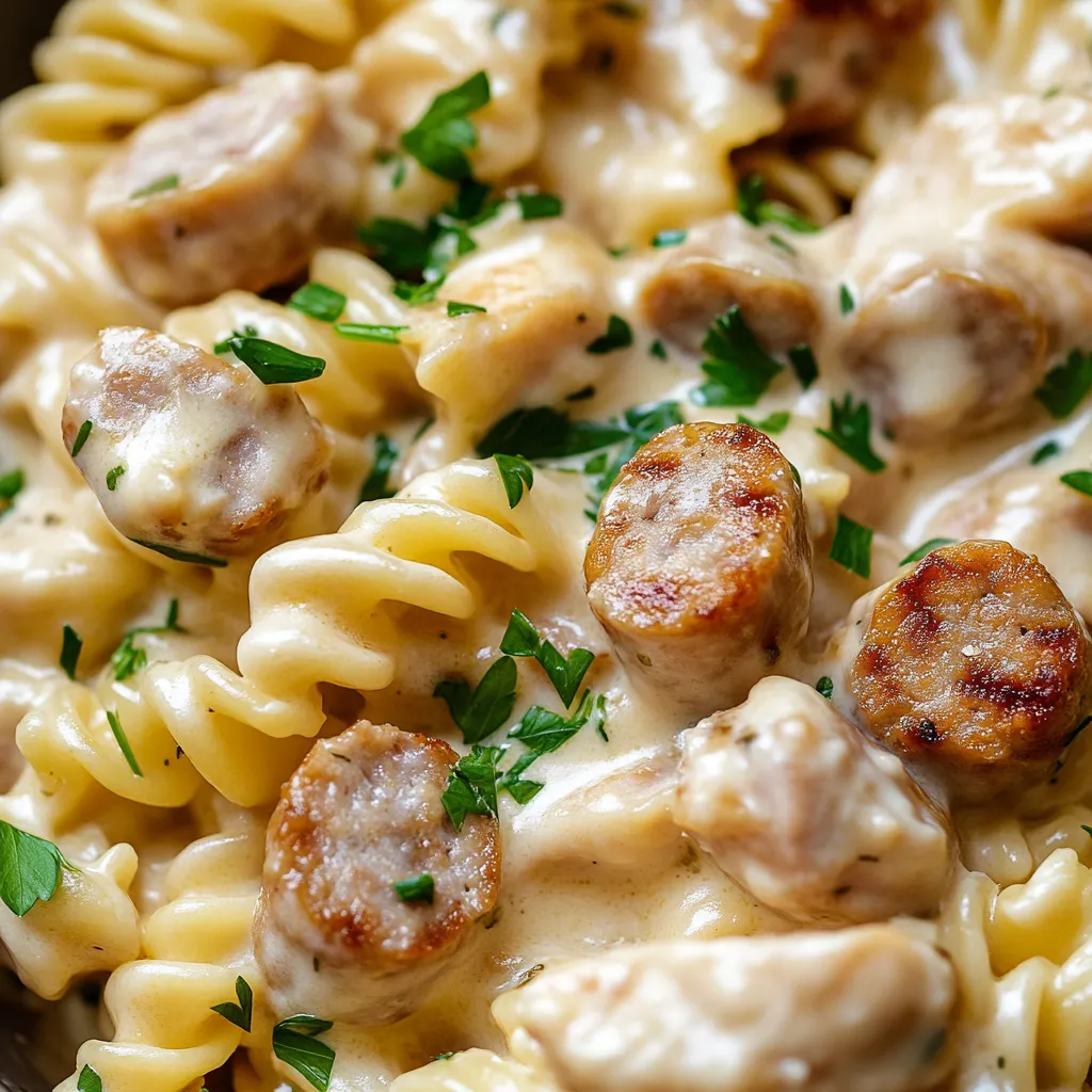 A bowl filled with saucy pasta, sausage, and plenty of fresh parsley.