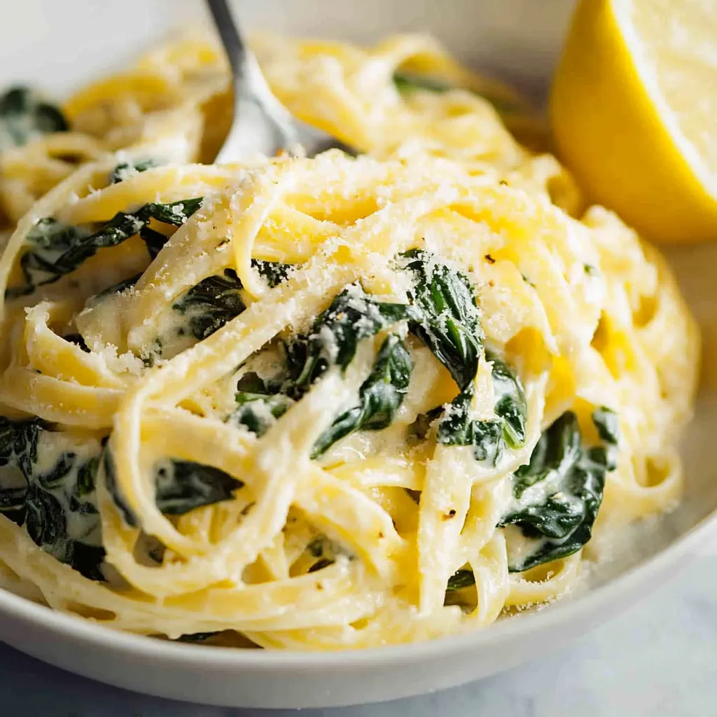 Pasta bowl piled high with cheese and spinach.