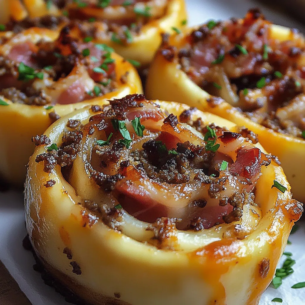 Golden-cheesy rolls filled with bacon and beef on a plate.