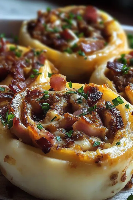Plated bacon and cheese roll snacks with green herb garnish.