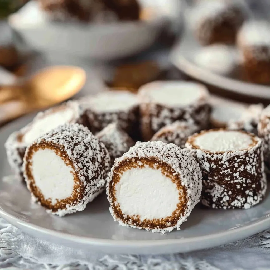 White and brown treats arranged on a plate.