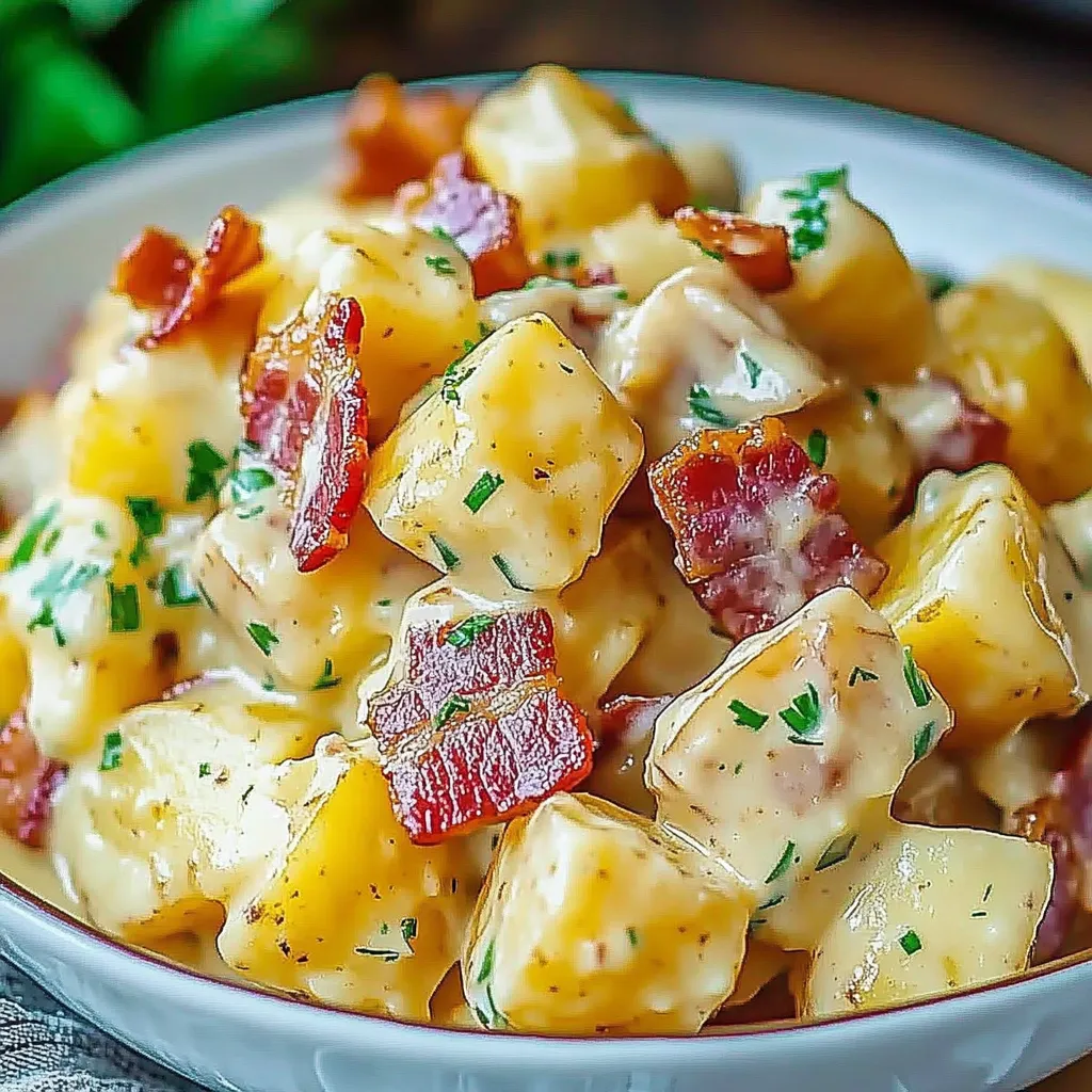 Bowl loaded with bacon pieces and potatoes.