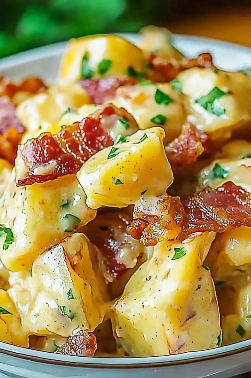 Bacon and cheese piled on potatoes.