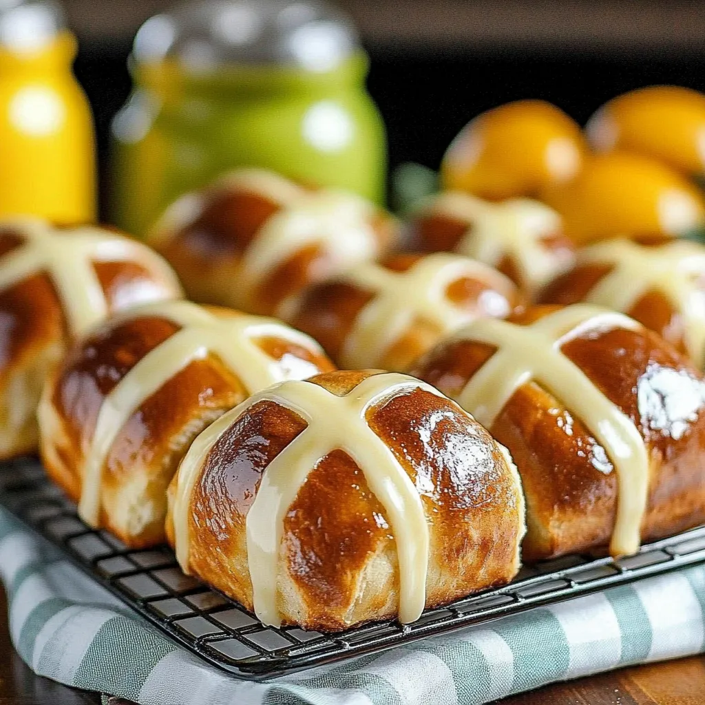 Tray of iced buns fresh out of the oven.