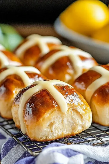 Tray of warm rolls finished with thick icing.