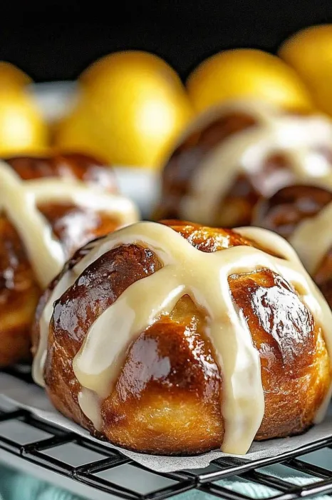 Plate of glazed spiced buns, ready to eat.